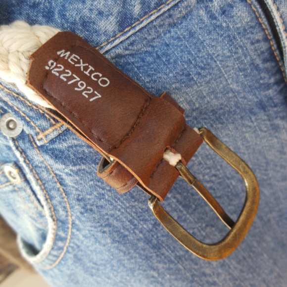 VINTAGE ♡ Sweet Cream Cotton Braided Belt w/Brown Trim 'n Bronze Hardware S/M - Picture 10 of 10